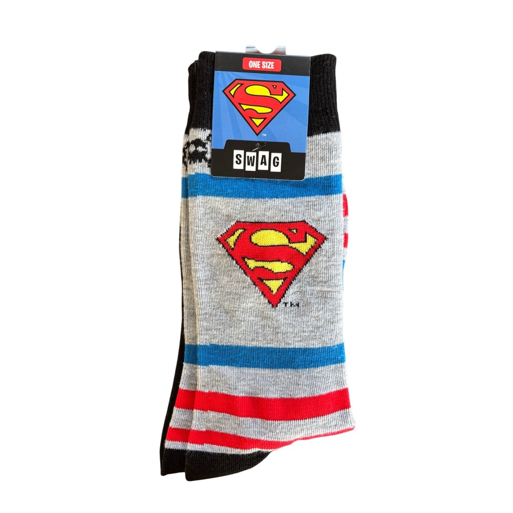 SWAG DC Comics Superman Crew Socks Grey Blue Red Striped Unisex One Size